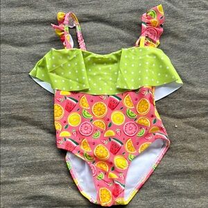 Vibrant Pink and Green One Piece Swimsuit with Ruffled Straps